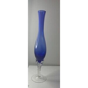Blue Glass Tall Vase on Twist Pedestal Base